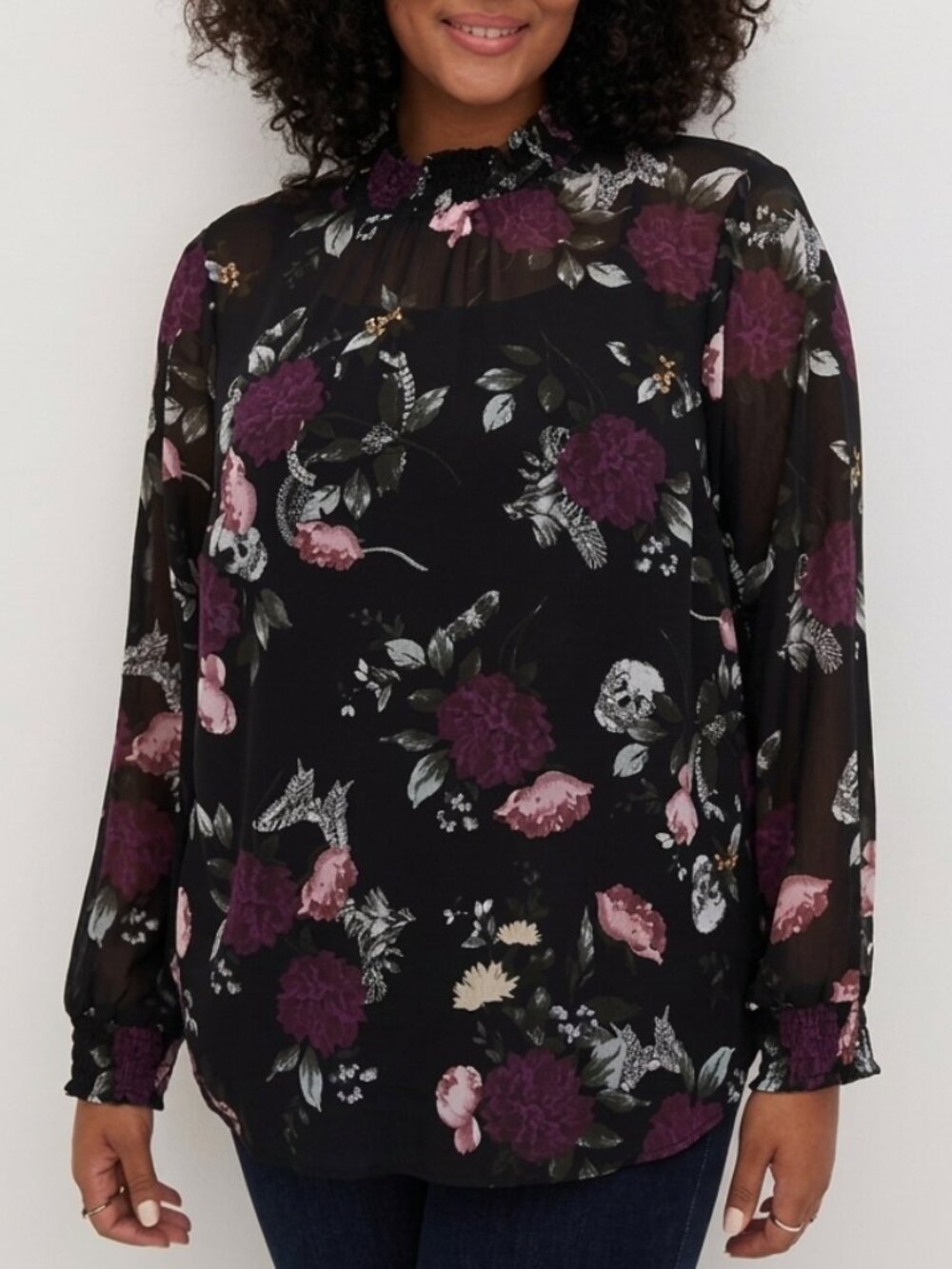 NEW NWT TORRID 0 Plus Size Chiffon Smocked Mock Neck Blouse Black Floral Skulls